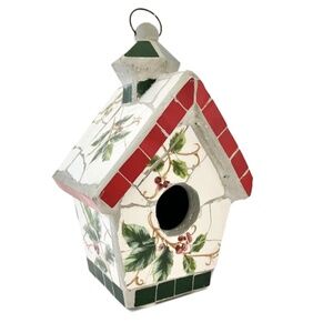 Mosaic Bird House Ceramic Holly leaves and Berries Handcrafted Decorative
